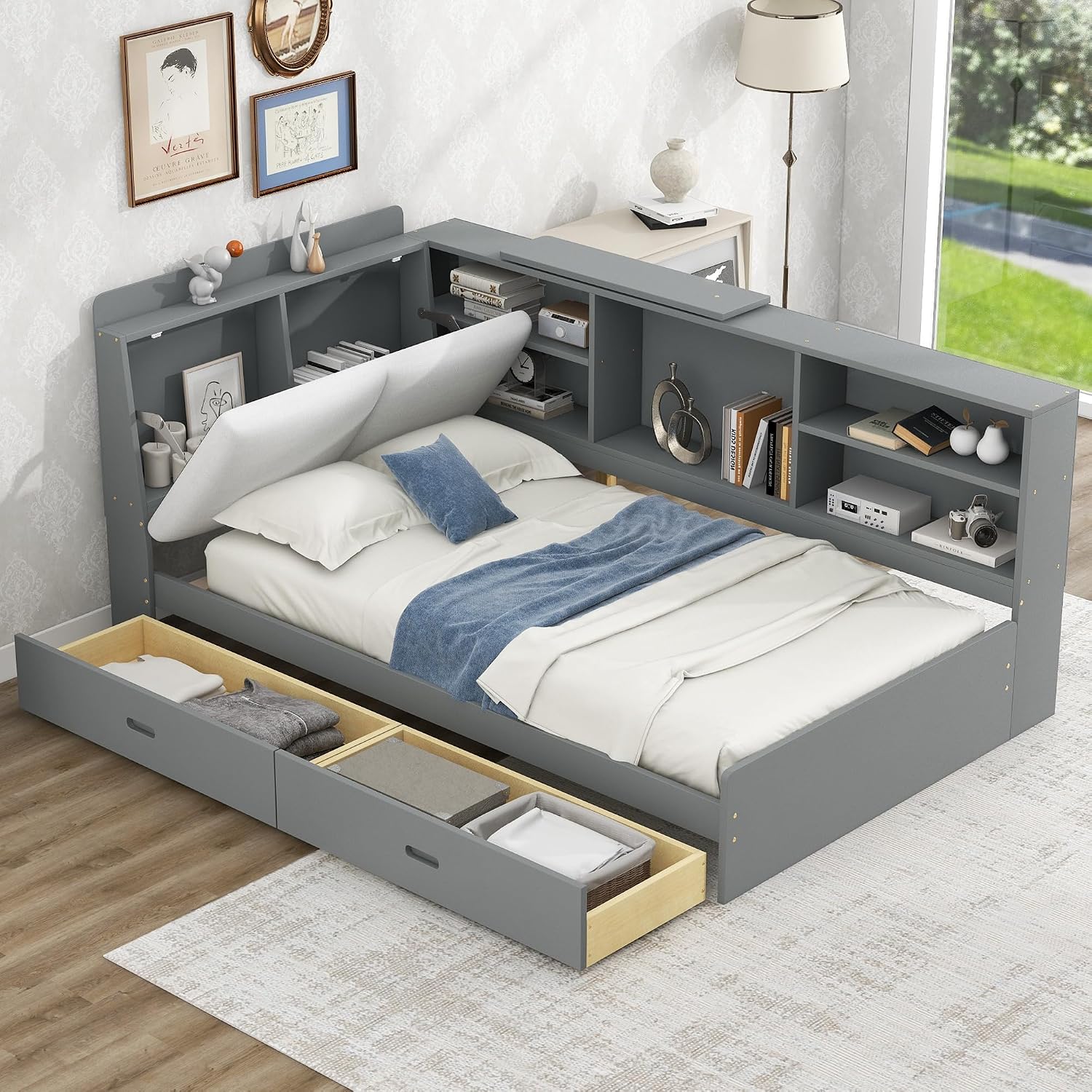 Harper & Bright Designs Wood Daybed Frame with Shelves & Drawers & Storage Upholstered Headboard,Twin Size Floor Corner Sofa Bed with Rotatable Storage Board for Bedroom Living Room,Space Saving,Gray