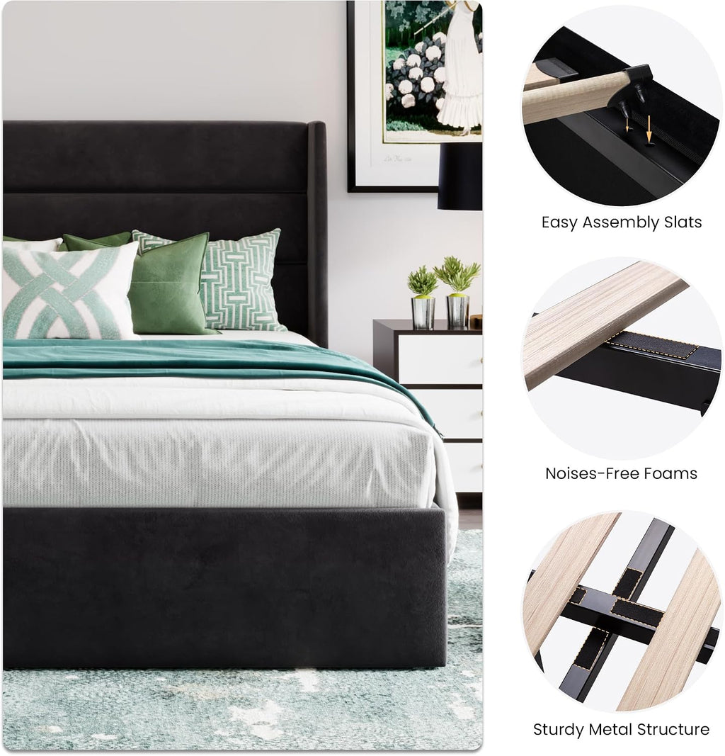 SHA CERLIN Full Size Lift Up Storage Bed/Velvet Upholstered/Modern Wingback Headboard/Upholstered Platform Bed Frame/Hydraulic Storage/No Box Spring Needed/Black