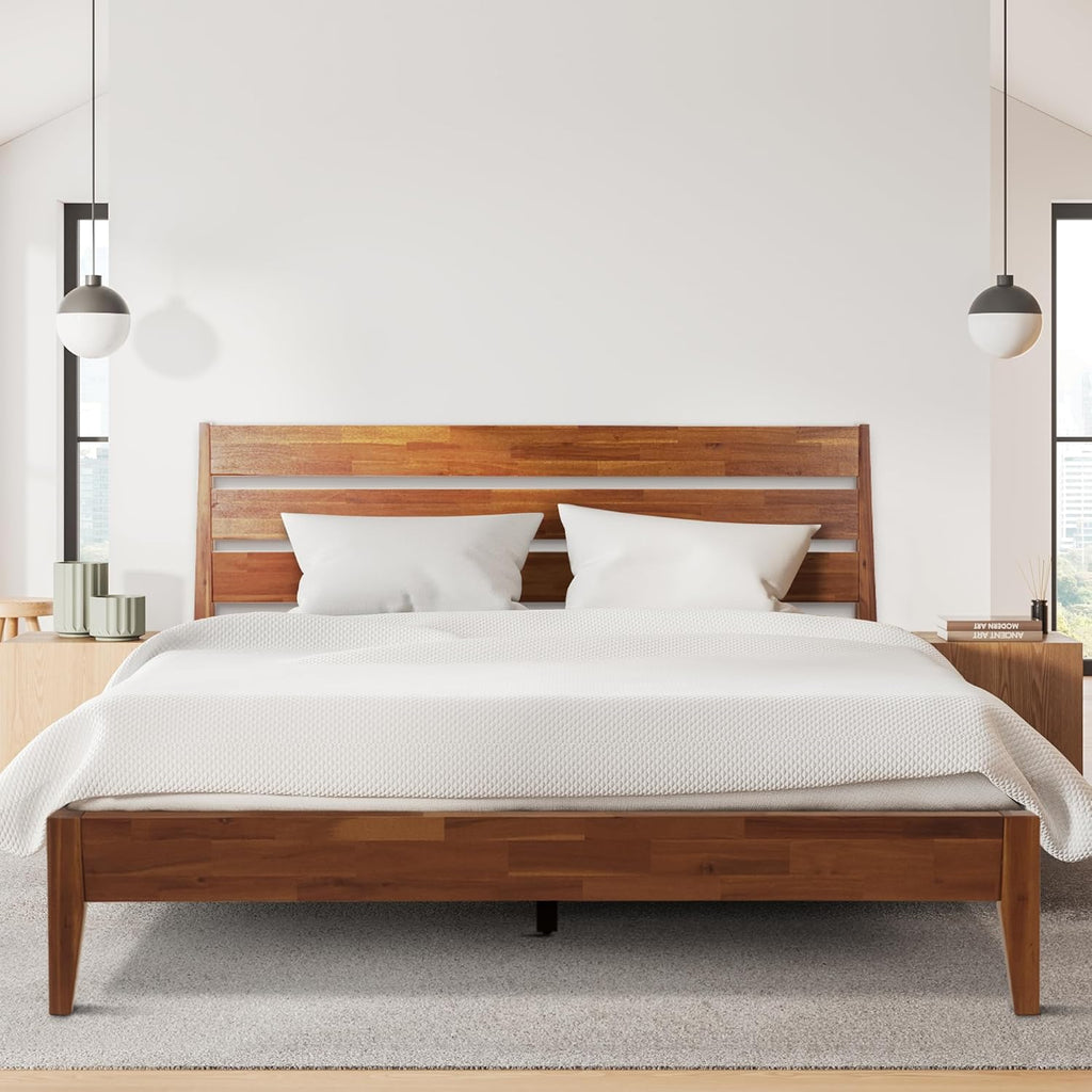 Acacia Emery Bed Frame with Headboard Solid Wood Platform Bed, Queen Size Bed Frame, Mid - Century Modern Wood Bed Compatible with All Mattresses, Easy Assembly, Non-Slip, Walnut