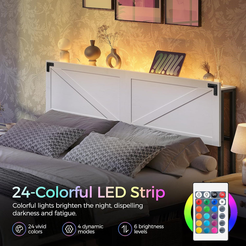 MAHANCRIS Queen Size Headboard Only, Headboard with 2 Outlets and 2 USB Ports, Farmhouse Headboard, with LED Lights, Secure Storage with Raised Fence, with Bed Frame Adapter, White and Black