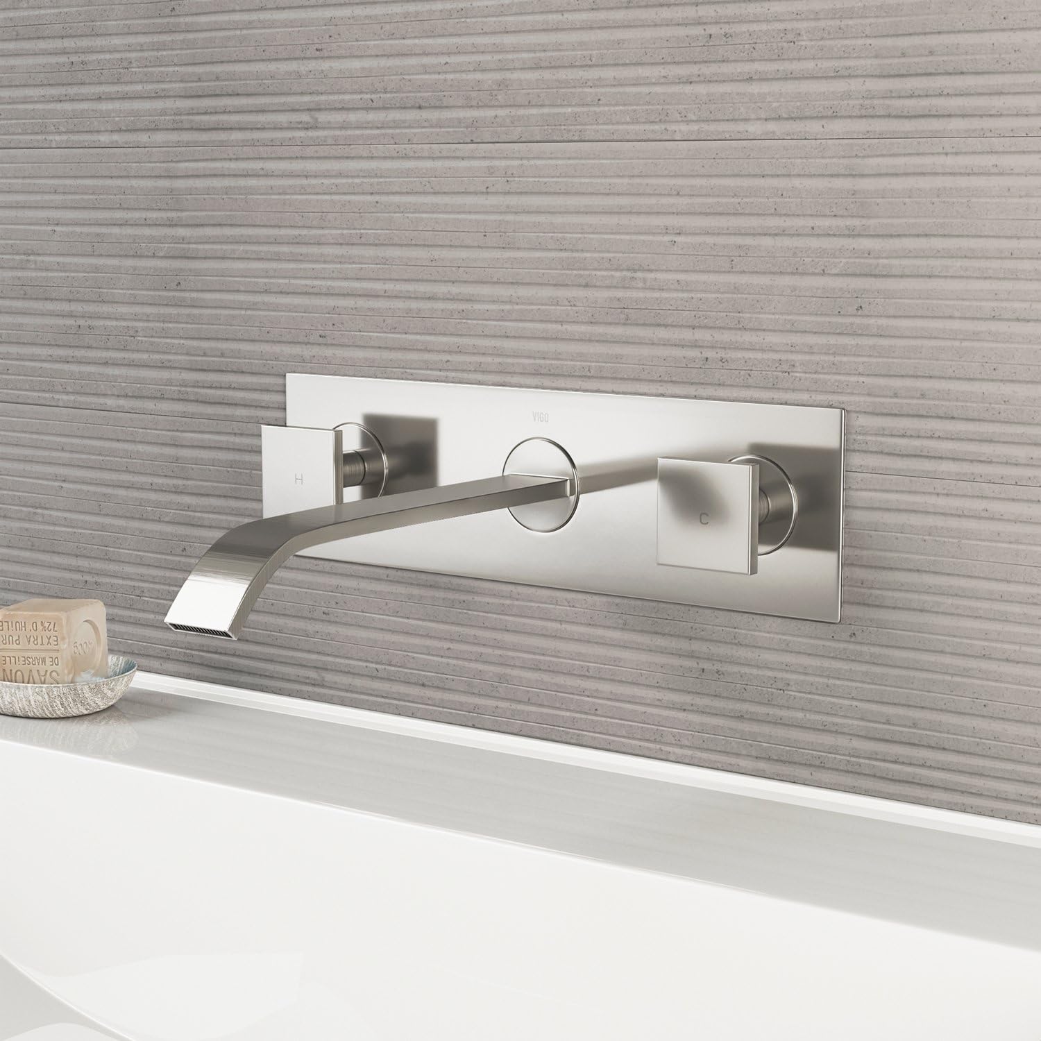 VIGO Titus Waterfall Two-Handle Three-Hole Wall Mount Bathroom Sink Faucet, Brushed Nickel, Modern Design, Solid Brass, 1.2 GPM WaterSense & Ceramic Disc Valve, Corrosion-Resistant