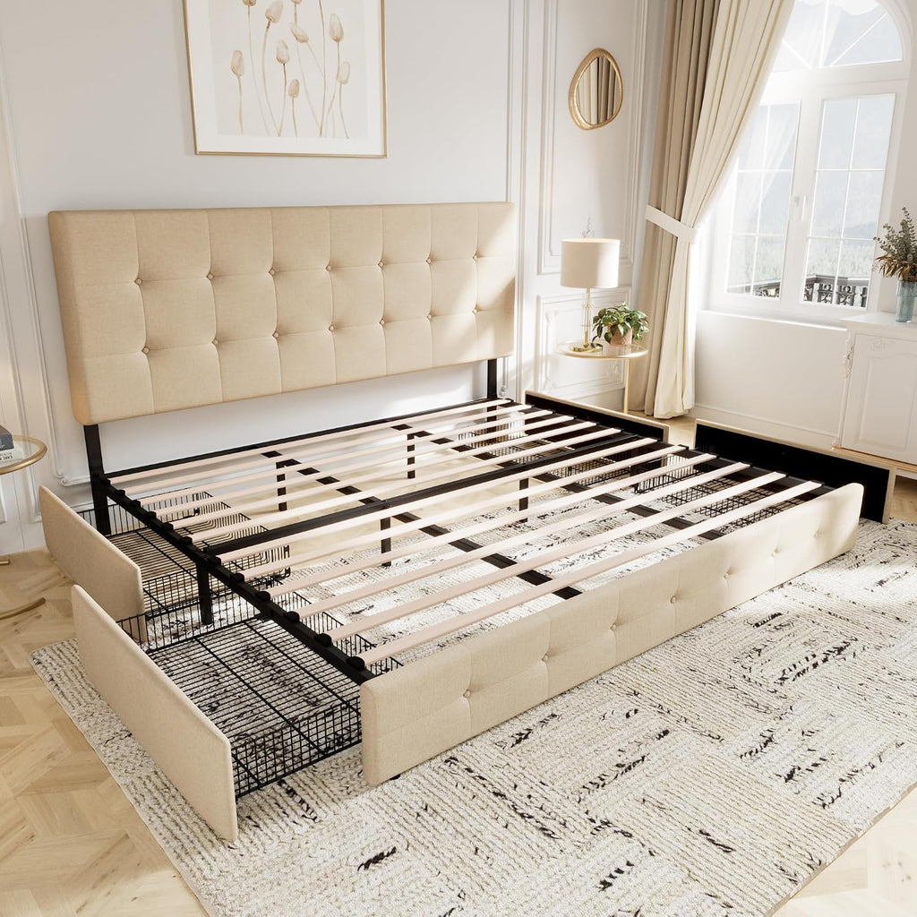 Allewie Upholstered King Size Platform Bed Frame with 4 Storage Drawers and Headboard, Square Stitched Button Tufted, Mattress Foundation with Wooden Slats Support, No Box Spring Needed, Beige