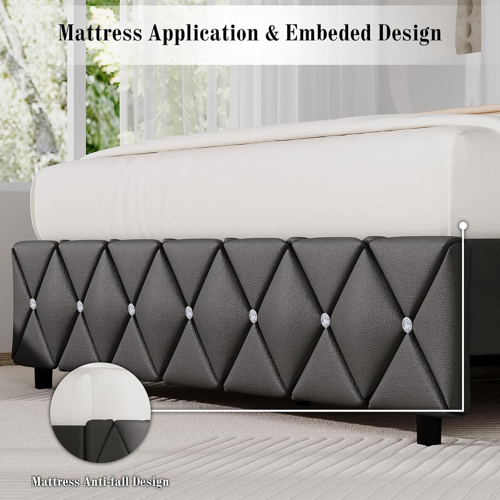 BarnFurin Full Bed Frame with Diamond Tufted Headboard, Faux Leather Upholstered Bed with Wooden Slats Support, No Box Spring Needed, Mattress Foundation, Easy Assembly, Gray