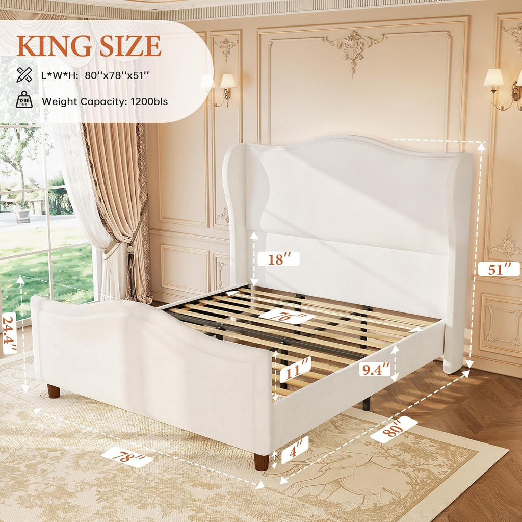 koorlian King Size Bed Frame Chenille Upholstered Platform Bed with Headboard and Footboard, 51' High Deep Tufted Wingback Sleigh Upholstered Bed, Modern Retro Minimalist Style, Easy Assembly, Cream