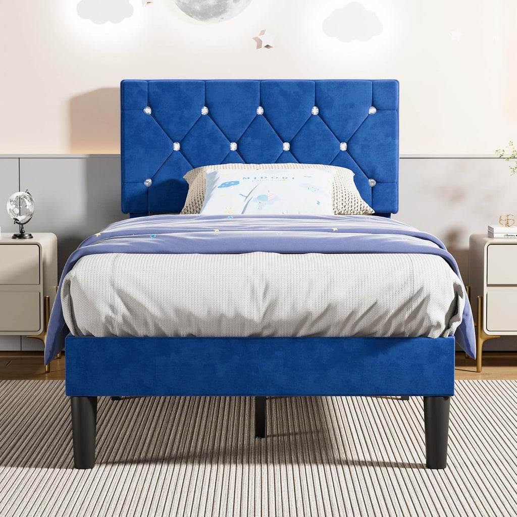 VECELO Twin Size Bed Frame, Upholstered Platform with Adjustable Diamond Tufted Headboard, Wood Slat Support, No Box Spring Needed, Navy Blue