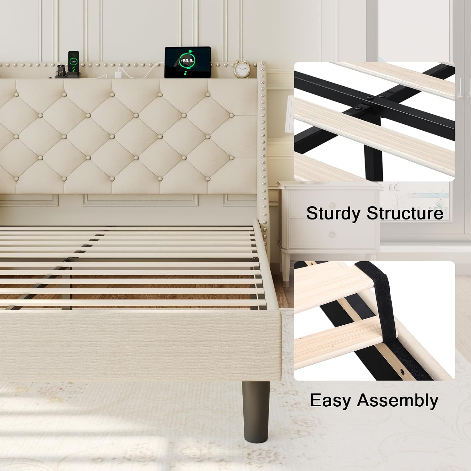 Einhomn Queen Size Bed Frame with Wingback Button Tufted Storage Headboard and Type AC Ports, Upholstered Platform Bed, Wooden Slats Support, No Box Spring Needed, Noise-Free, Beige