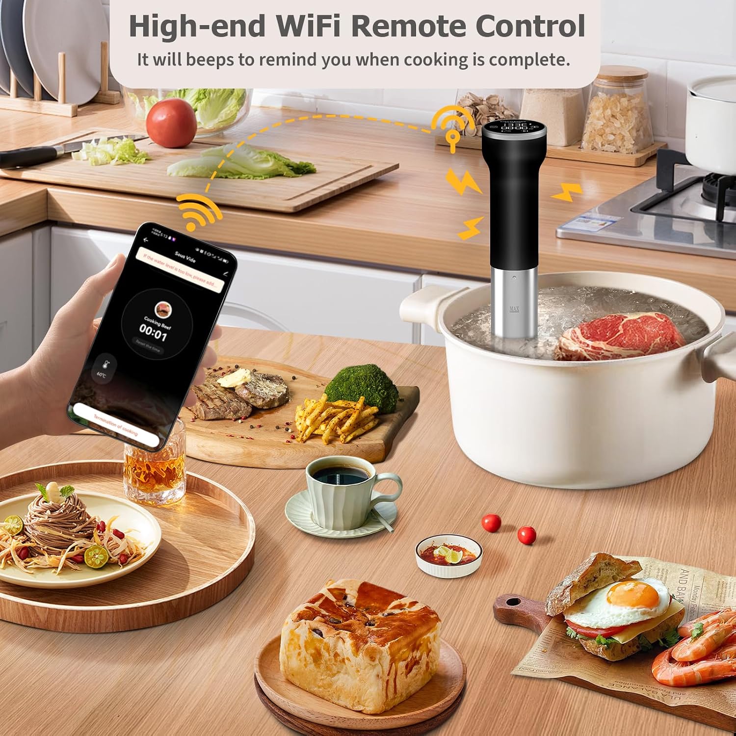 Sous Vide Cooker WiFi & 5 in 1 Smokeless Indoor Grill & Griddle with Meat Thermometer, PFAS Free Ceramic Nonstick