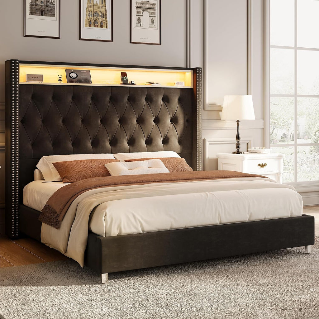Jocisland 53.2'' King Size Bed Frame with Tall Storage Headboard, LED Lights & Charging Station, Velvet High Upholstered Button Tufted Wingback Platform Bed, No Box Spring Needed, Black