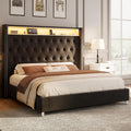 Jocisland 53.2'' King Size Bed Frame with Tall Storage Headboard, LED Lights & Charging Station, Velvet High Upholstered Button Tufted Wingback Platform Bed, No Box Spring Needed, Black