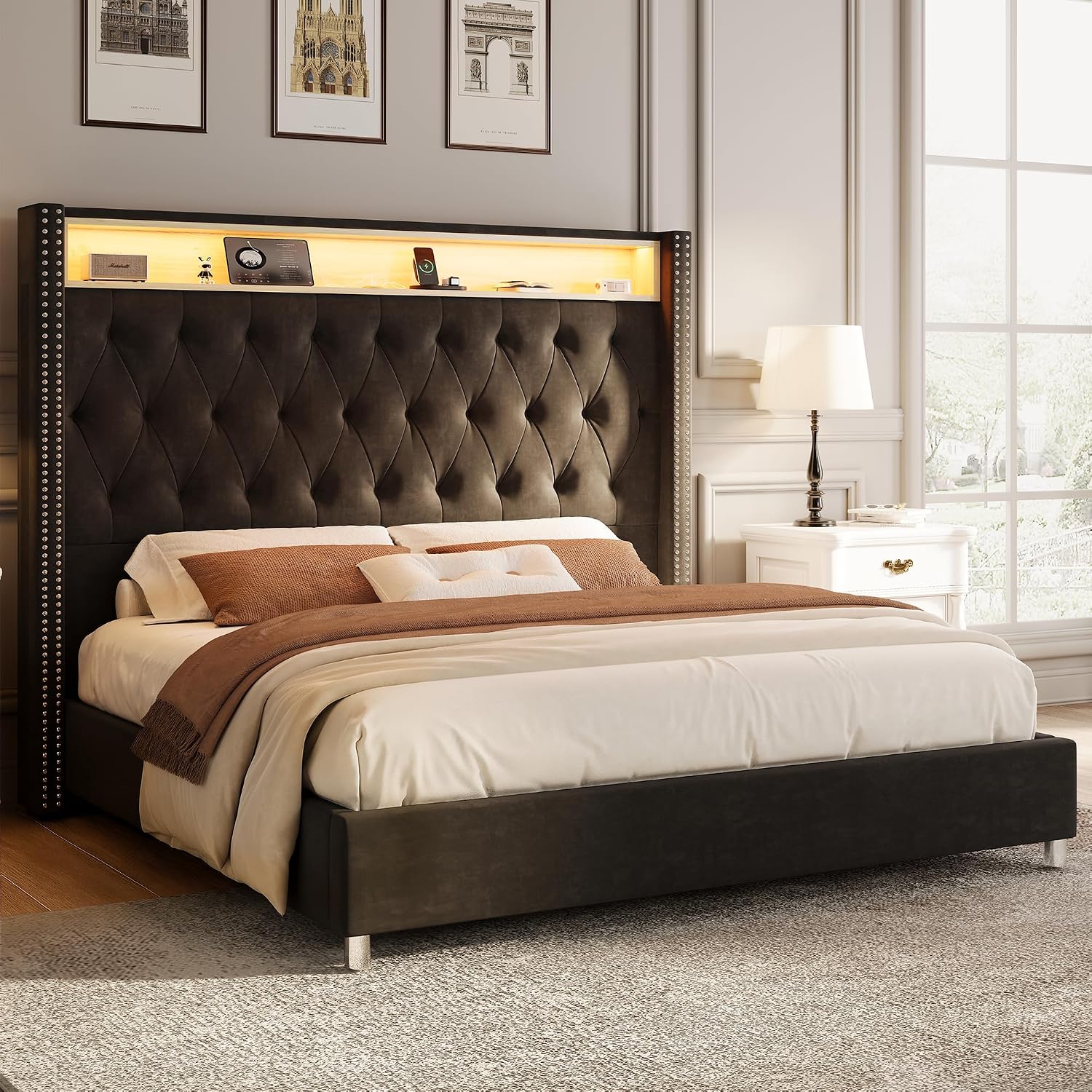 Jocisland 53.2'' King Size Bed Frame with Tall Storage Headboard, LED Lights & Charging Station, Velvet High Upholstered Button Tufted Wingback Platform Bed, No Box Spring Needed, Black