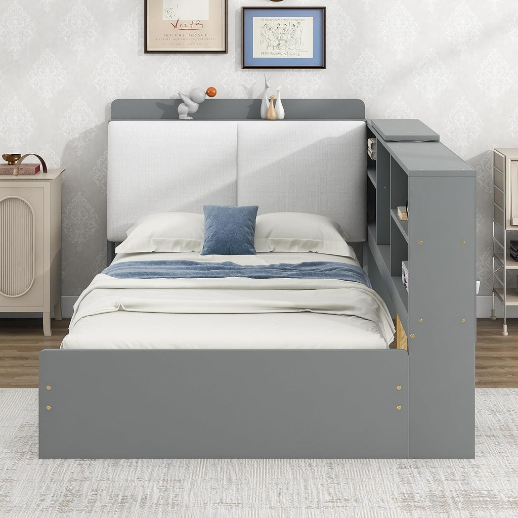 Harper & Bright Designs Wood Daybed Frame with Shelves & Drawers & Storage Upholstered Headboard,Twin Size Floor Corner Sofa Bed with Rotatable Storage Board for Bedroom Living Room,Space Saving,Gray