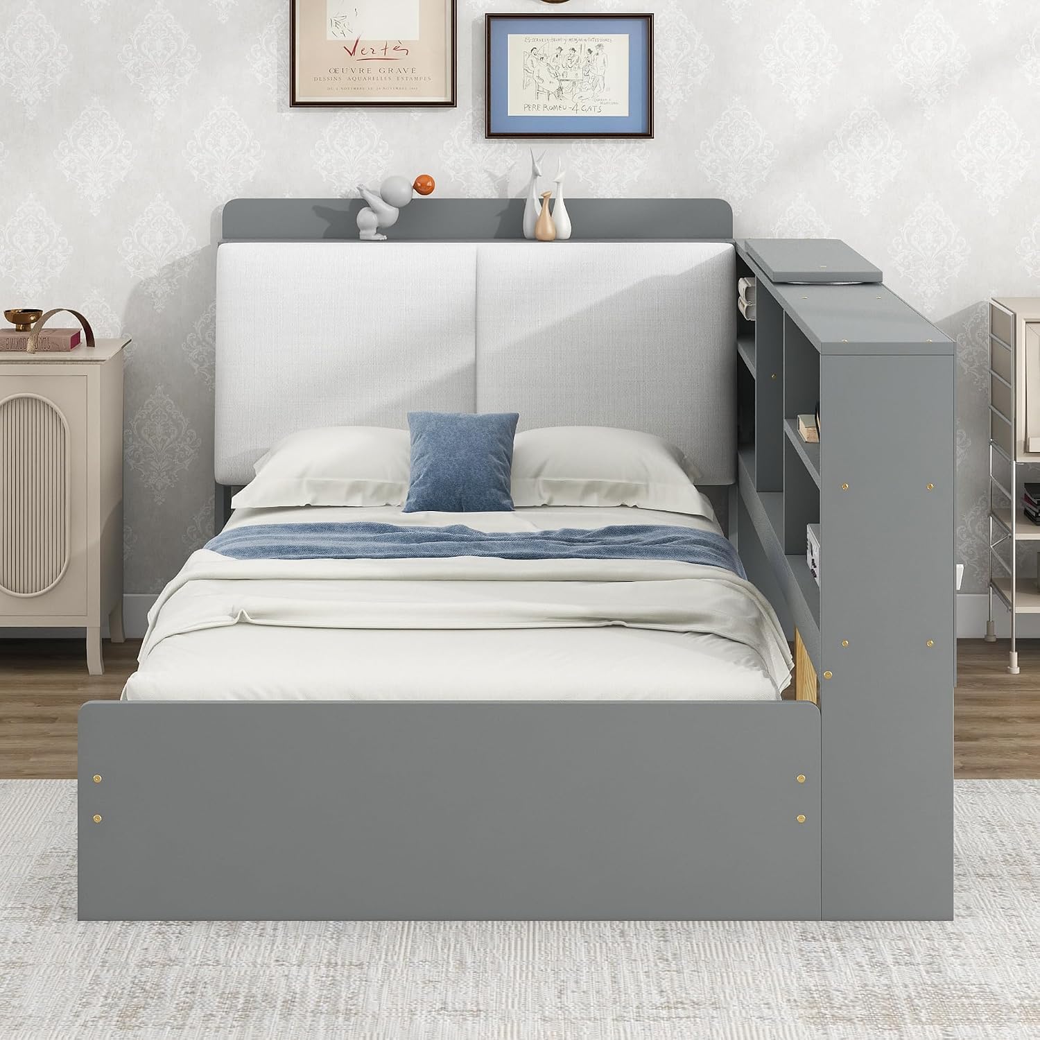 Harper & Bright Designs Wood Daybed Frame with Shelves & Drawers & Storage Upholstered Headboard,Twin Size Floor Corner Sofa Bed with Rotatable Storage Board for Bedroom Living Room,Space Saving,Gray