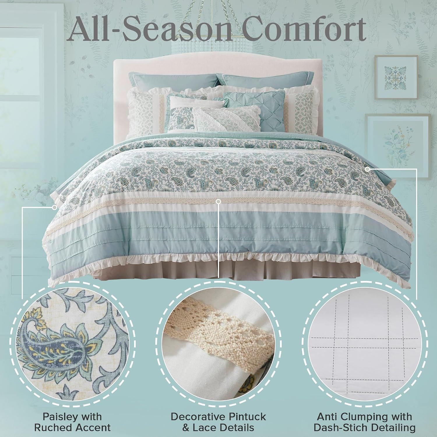Madison Park Dawn 100% Cotton Shabby Chic Comforter Set-Modern Cottage Design All Season Down Alternative Bedding, Matching Shams, Bedskirt, Decorative Pillows, King(104'x92'), Aqua 9 Piece