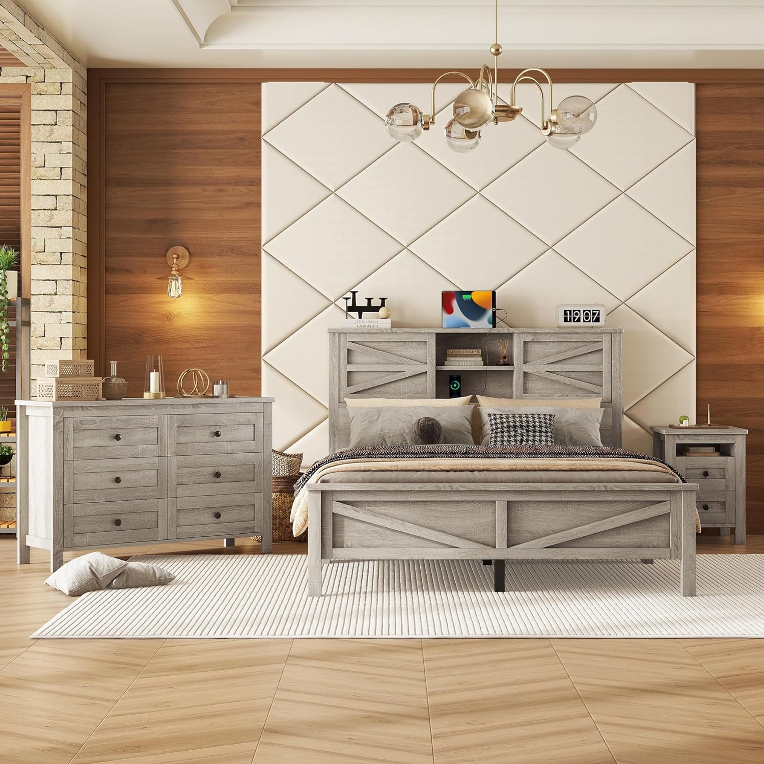 LUMISOL 3 Pieces Bedroom Sets,Farmhouse Platform Bed with Storage Nightstand and Dresser, Queen Size Bed Frame with Storage Headboard and Charging Station, Antique Grey