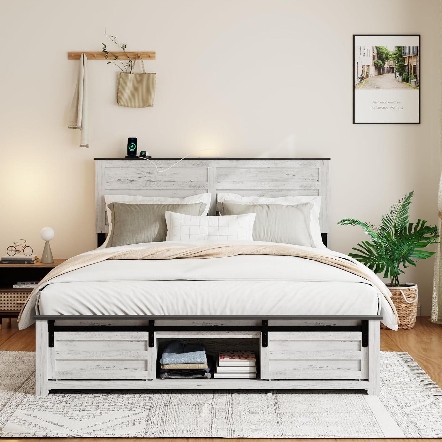 Wooden Queen Size Bed Frame with Headboard, Boho White Farmhouse Storage Bedframe with Sliding Barn Door Footboard and Charging Station, Wood Slats, No Box Spring Needed
