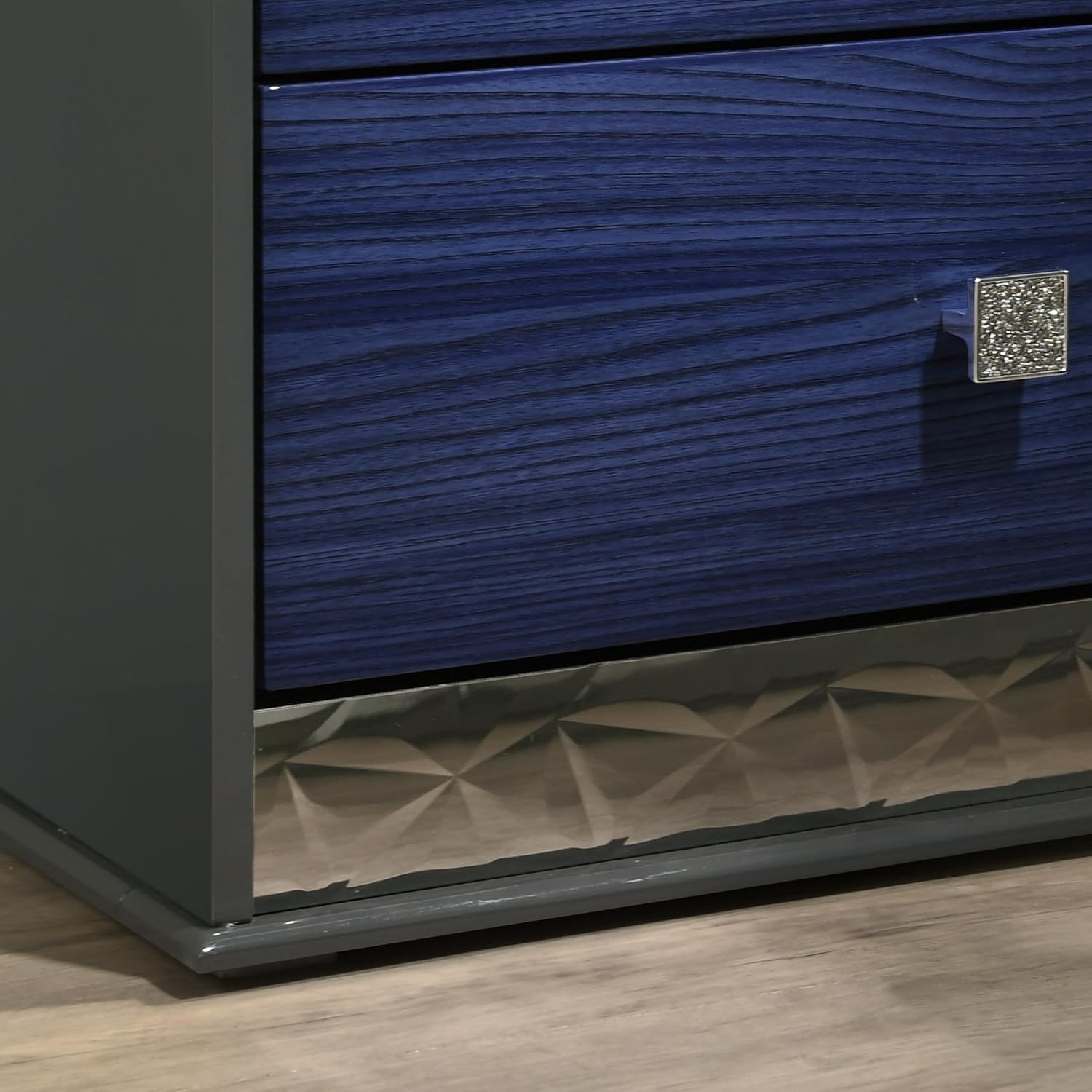 Furniture of America Scape Glam Solid Wood 6-Piece Bedroom Set with Geo Chrome Molding, Felt-Lined Top Drawer, Metal Side Glide, Square Knobs, No Box Spring Needed, King, Indigo Blue