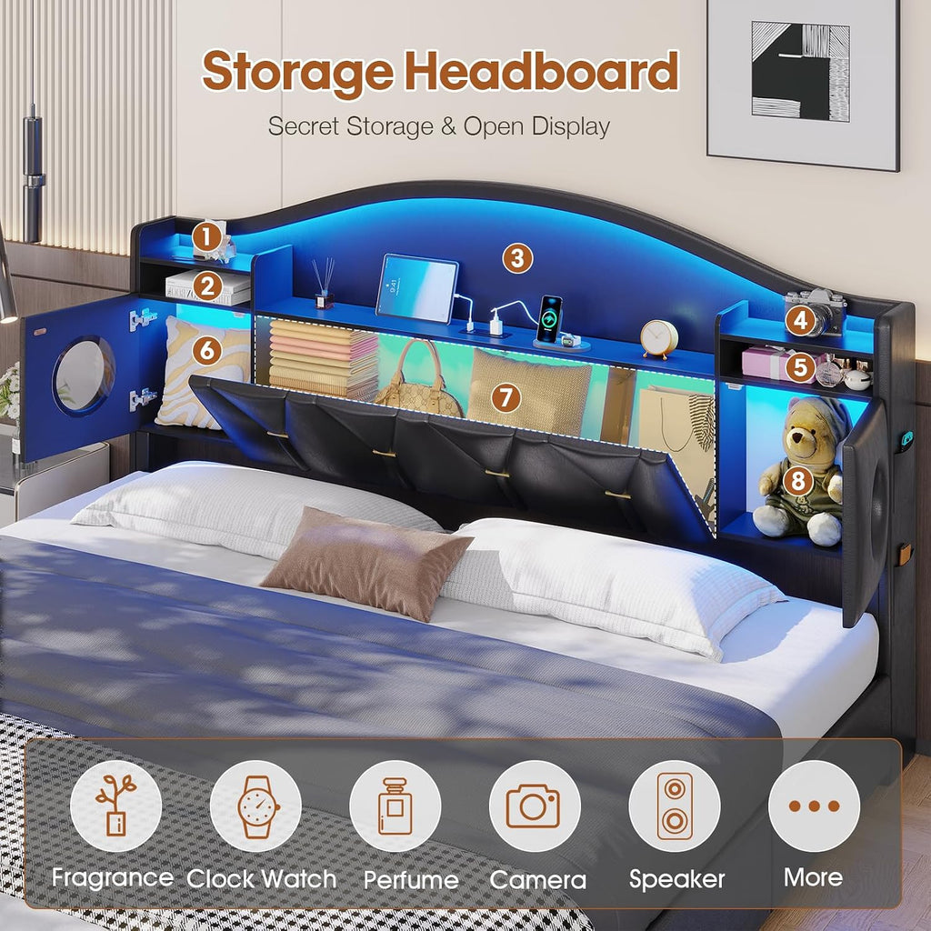 King Size Bed Frame,Bed Frame king size with 6 Large Drawers & Charging Station and LED Lights,King Bed Frame and Headboard,King Size Bed Heavy Duty Metal Frame Support, No Box Spring Needed,PU Black