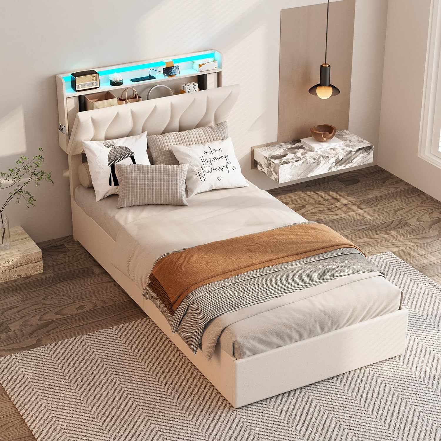 Fameill Twin Size Lift Up Storage Bed Frame with Adjustable Headboard, Charging Station, LED Lights, Wood Slats, Noise-Free, No Box Spring Needed, Beige