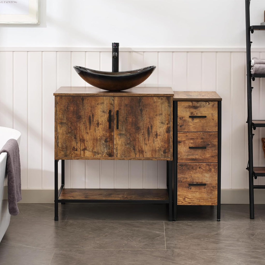 UEV 42' Rustic Brown Bathroom Vanity with Sink Combo,Industrial Iron Frame Bathroom Cabinet Sets with 3 Drawers Side Cabinet,Modern Champagne Boat Tempered Glass Vessel Sink(029CH)