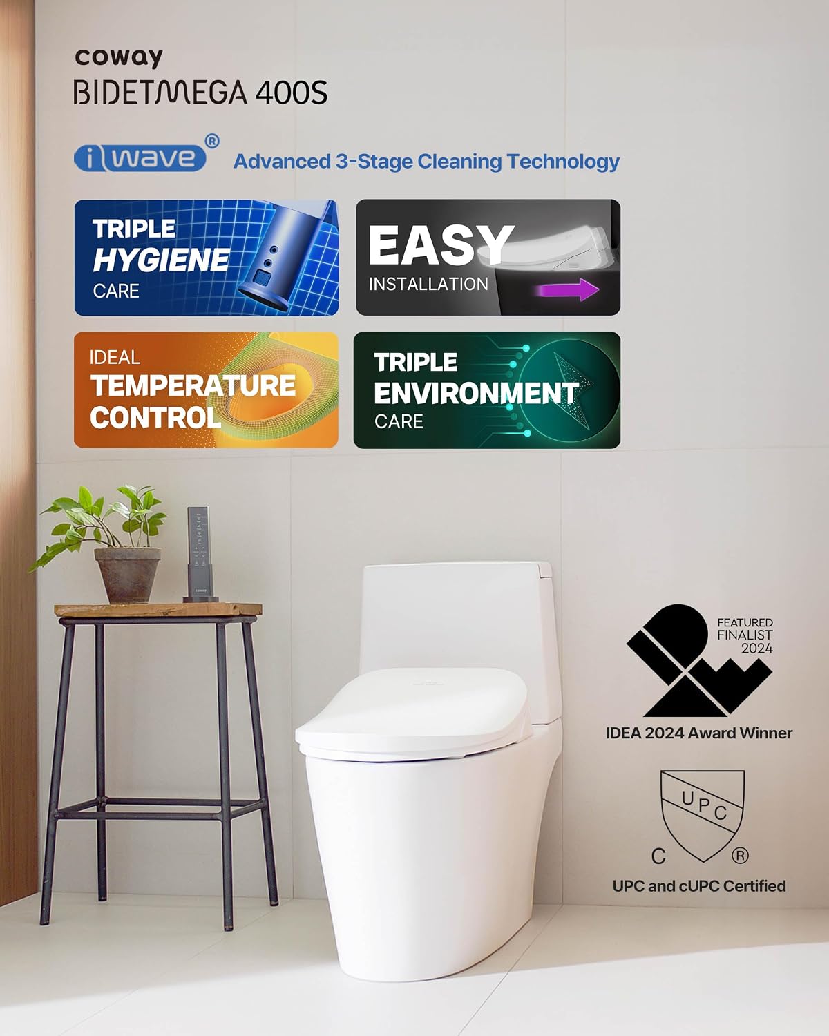 COWAY Bidetmega 400S Electronic Bidet Toilet Seat with Instantaneous Water Heating, Heated Seat and Dryer, Soft Close Lid, Stainless Nozzle, Self Cleaning, Remote Control, Elongated