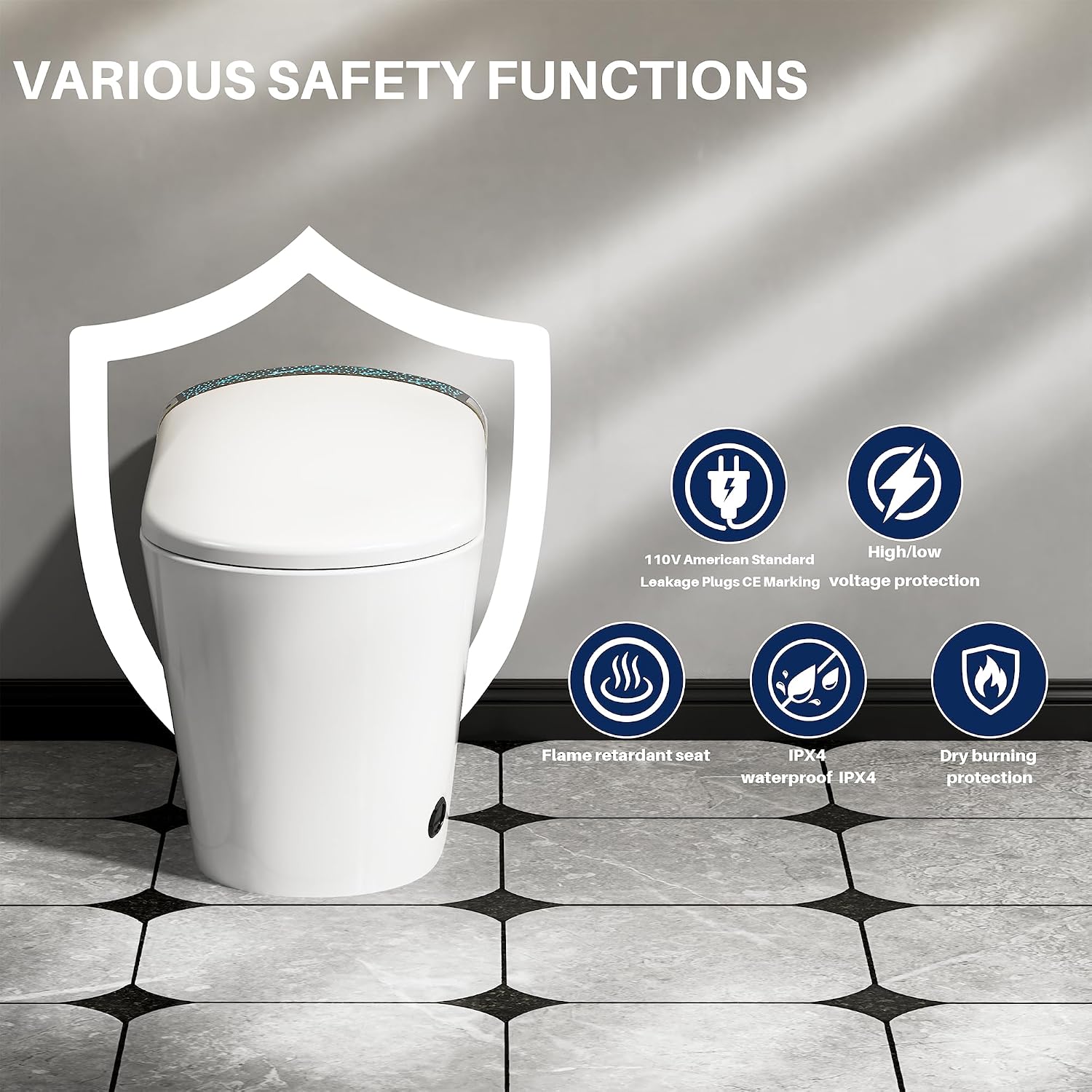 WinZo Smart Toilet with Bidet, 17 inch Comfort Seat Height, Auto Open/Close Foot Kick Flush Heated Seat, LED Night Light, 1.28 GPF Multiple Cleaning Modes (White)