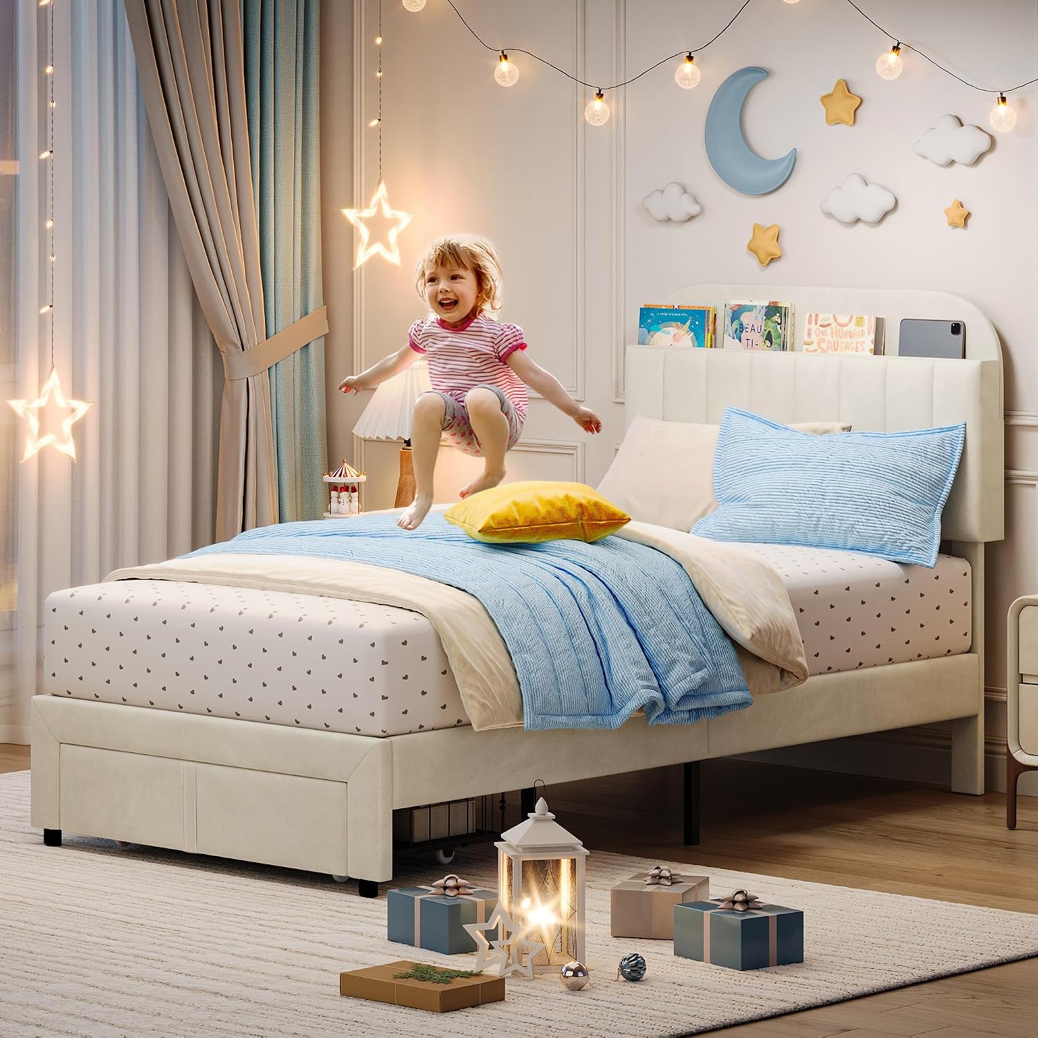 IDEALHOUSE Twin Bed Frame for Kids, Upholstered Platform Bed with Large Storage Drawer and Bookcase Headboard, Girls Boys Bed, Noise-Free, Easy Assembly, No Box Spring Needed, Cream White