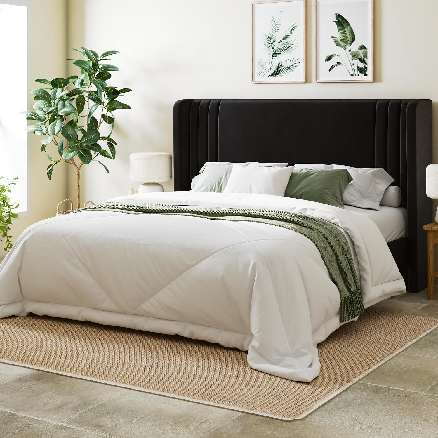 Allewie Full Size Velvet Platform Bed Frame with Vertical Tufted Wingback Headboard, Easy Assembly, Under Bed Storage, No Box Spring Required, Modern Style, Black