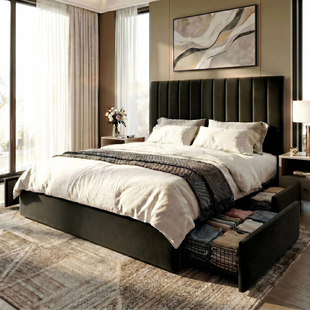 SHA CERLIN Full Size Platform Bed Frame with 4 Storage Drawers, Vertical Channel Tufted Adjustable Headboard, Velvet Upholstered, Wooden Slats Support, No Box Spring Needed, Easy Assembly, Black