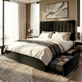 SHA CERLIN Full Size Platform Bed Frame with 4 Storage Drawers, Vertical Channel Tufted Adjustable Headboard, Velvet Upholstered, Wooden Slats Support, No Box Spring Needed, Easy Assembly, Black