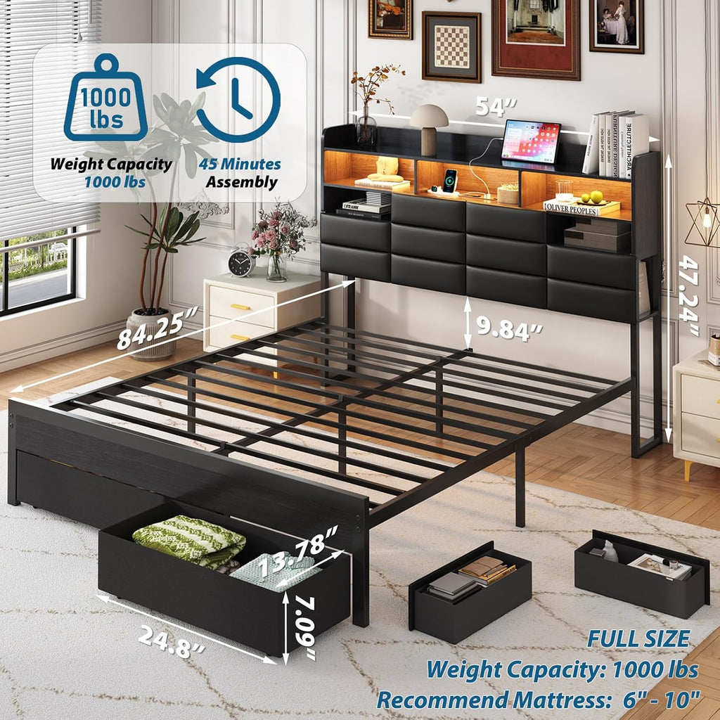 Full Bed Frame with Storage Headboard, Upholstered Black Bed Frame with 4 Drawers, LED Lights, and Charging Station, Heavy-Duty Metal Slats Support, Noise-Free