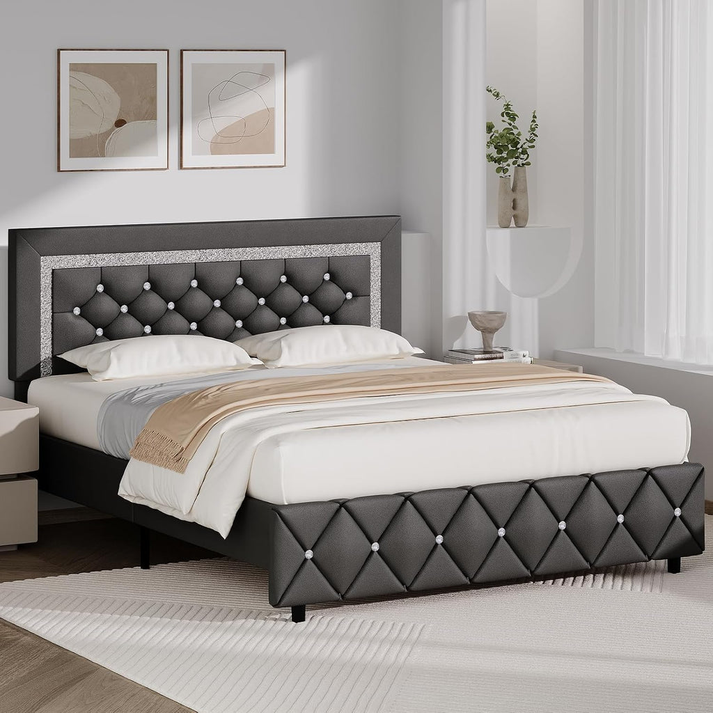 BarnFurin Queen Bed Frame with Diamond Tufted Headboard, Faux Leather Upholstered Bed with Wooden Slats Support, No Box Spring Needed, Mattress Foundation, Easy Assembly, Grey