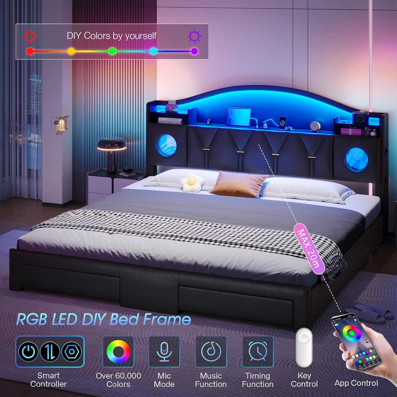King Size Bed Frame,Bed Frame king size with 6 Large Drawers & Charging Station and LED Lights,King Bed Frame and Headboard,King Size Bed Heavy Duty Metal Frame Support, No Box Spring Needed,PU Black