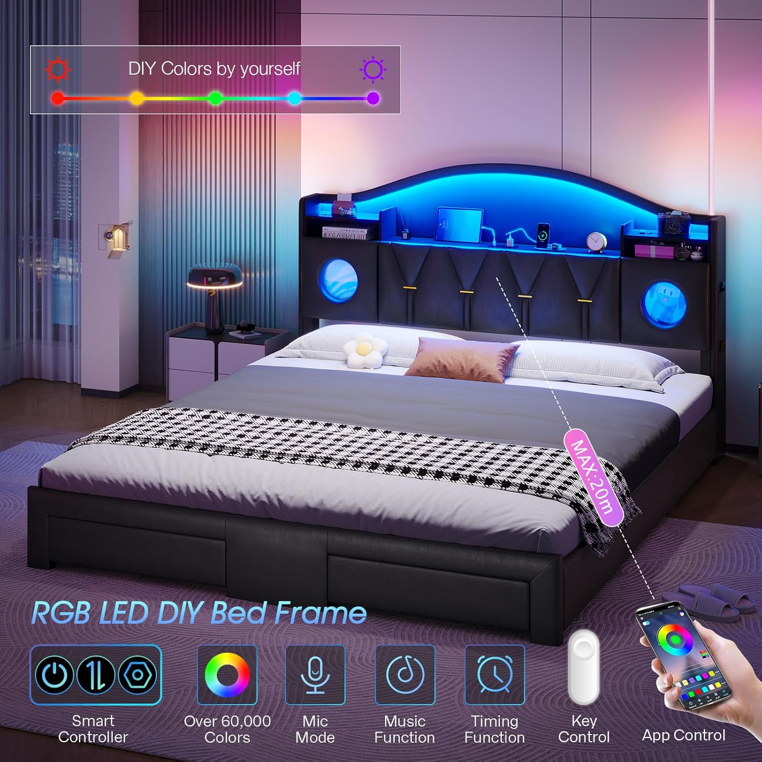 busyaeh California King Bed Frames,Cal King Bed Frame,California King Bed Frame with 6 Storage Drawers & LED Lights & Charging Station and Leather Upholstered headboard,No Box Spring Needed, PU Black