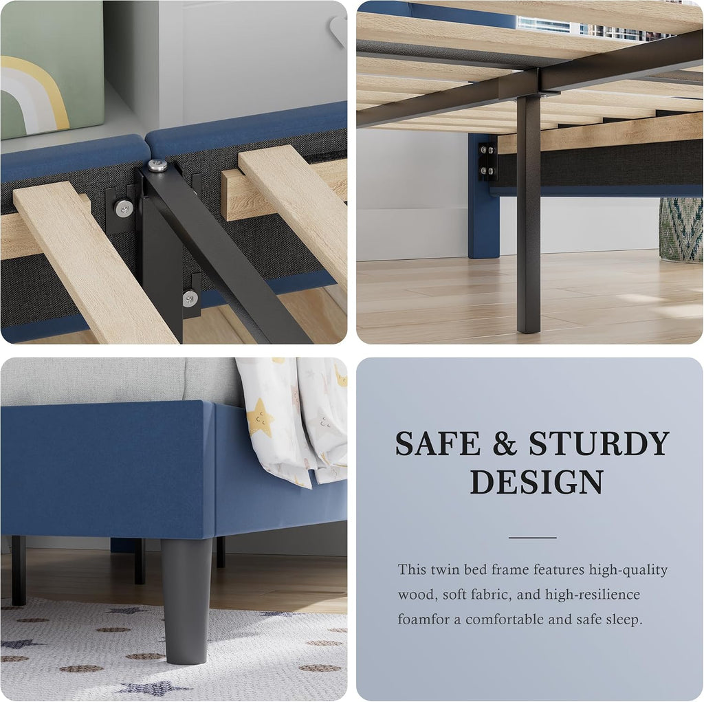 VECELO Twin Size Bed Frame with Upholstered Headboard, Heavy-Duty Bedframe with Wooden Slats & Steel Framework, Easy Assembly, Dark Blue