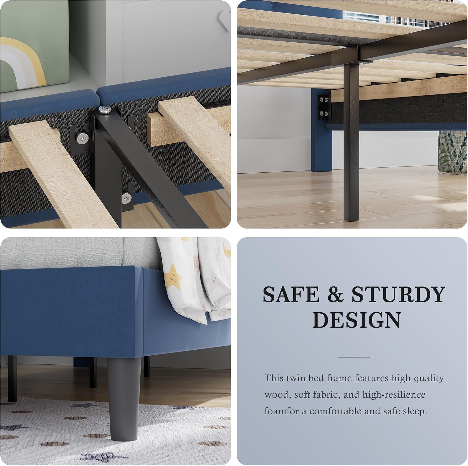 VECELO Twin Size Bed Frame with Upholstered Headboard, Heavy-Duty Bedframe with Wooden Slats & Steel Framework, Easy Assembly, Dark Blue