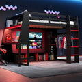 Harper & Bright Designs Twin Size Loft Bed with Gaming Desk,Storage Shelves,LED Light and Hanging Rack,Solid Wood Loft Bed Frame with Under-Bed Space,Esports Design for PC & Console Gamers,Black