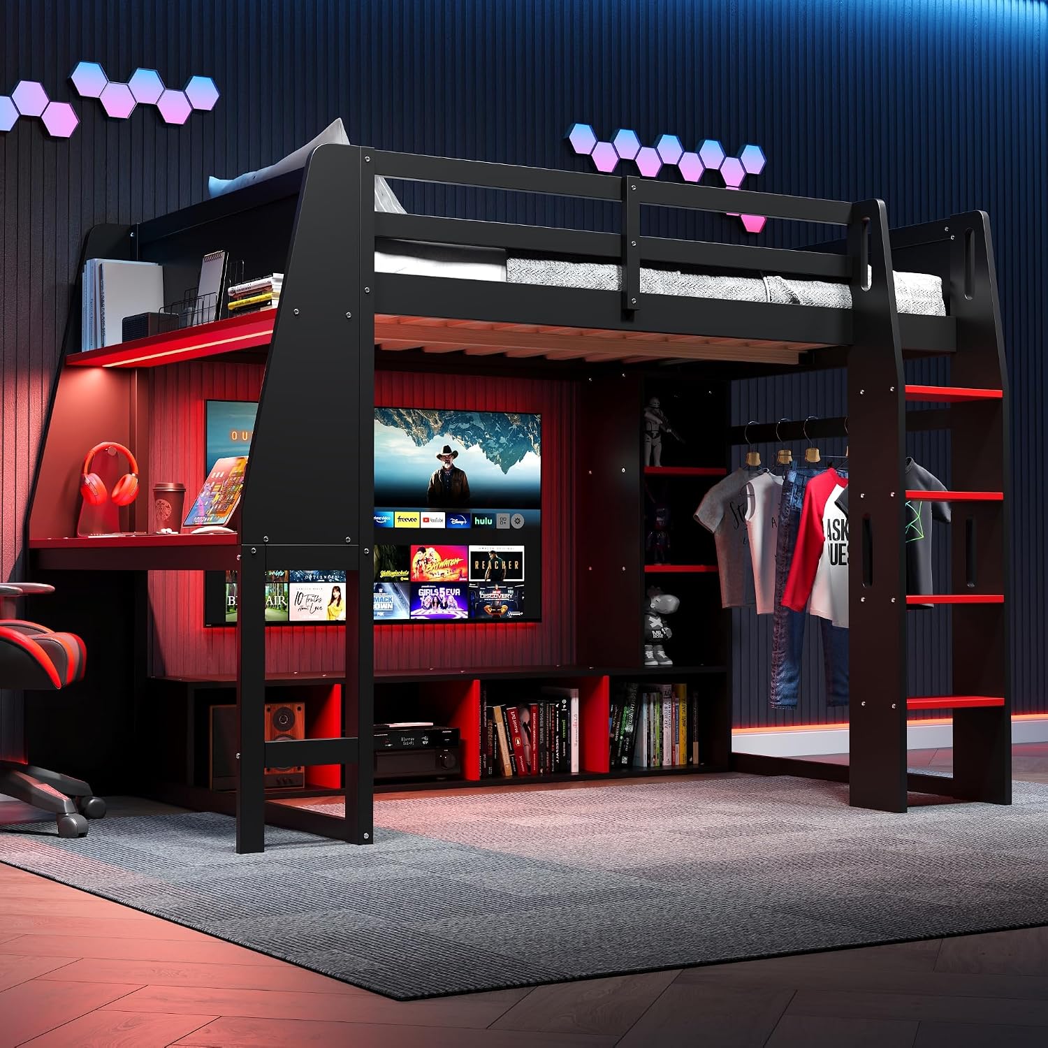 Harper & Bright Designs Twin Size Loft Bed with Gaming Desk,Storage Shelves,LED Light and Hanging Rack,Solid Wood Loft Bed Frame with Under-Bed Space,Esports Design for PC & Console Gamers,Black