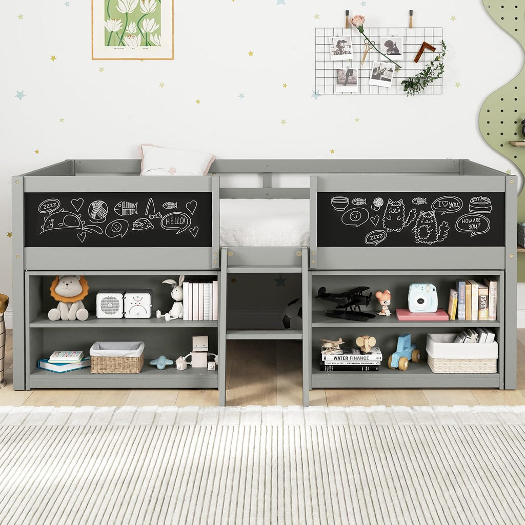 Giantex Low Loft Bed Twin Size, Wooden Loft Bed with Ladder & Blackboard, Twin Bed Frames for Kids with Storage 2 Bookcases and Play Space, Grey