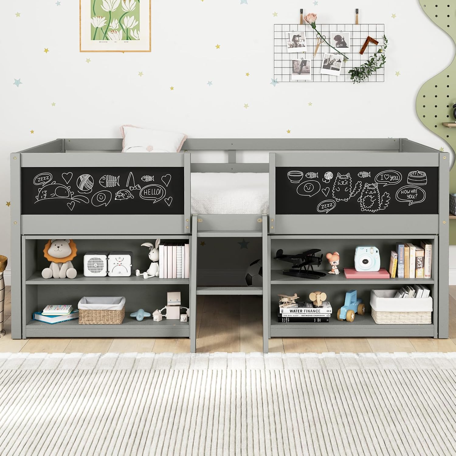 Giantex Low Loft Bed Twin Size, Wooden Loft Bed with Ladder & Blackboard, Twin Bed Frames for Kids with Storage 2 Bookcases and Play Space, Grey