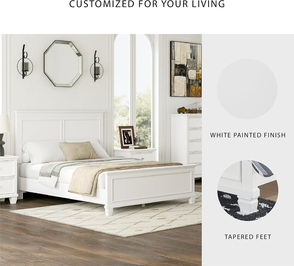 Signature Design by Ashley Fortman Transitional Queen Panel Bed with Tapered Feet, Foundation or Box Spring Needed, White