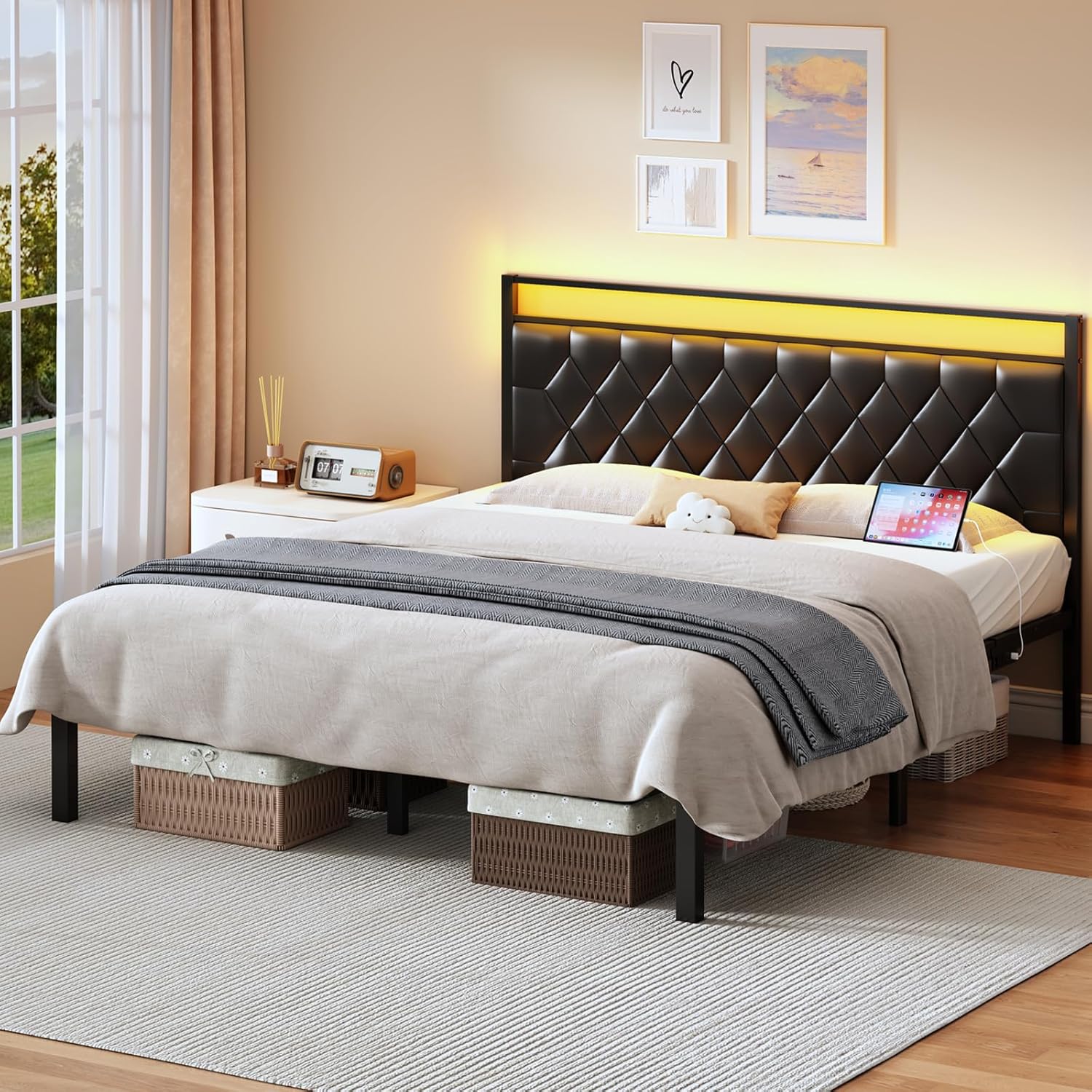 King Size Bed Frame with Headboard, Modern Metal Bed Frame with LED Lights & Charging Station, PU Leather Upholstered Headboard, All Metal Slats Support, No Boxing Spring Needed, Noise Free, Black