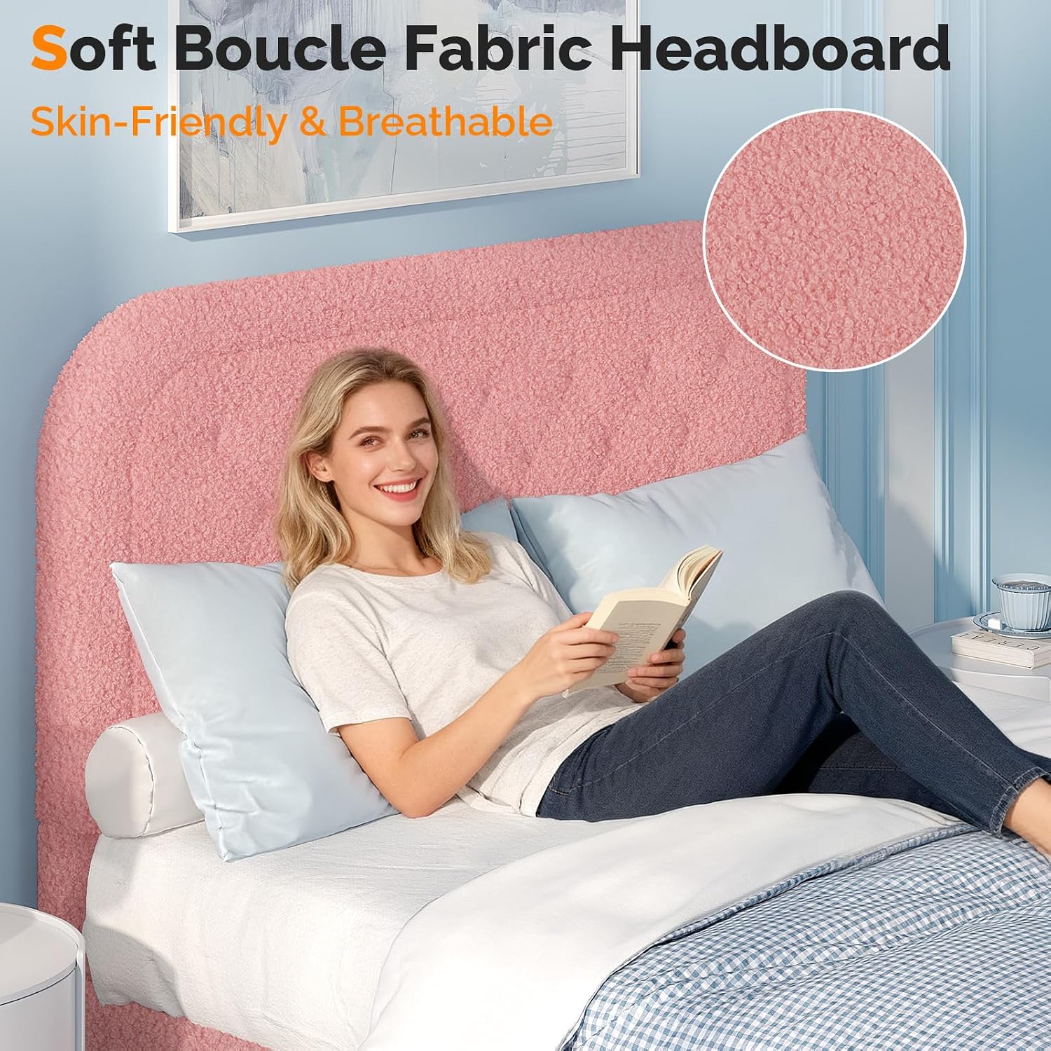 VINGLI Full Boucle Cloud Bed Frame with Headboard,Upholstered Soft Bed with Wood Sturdy Slats Support, Rounded Corners,Modern Cream Style,Easy Assembly, Pink