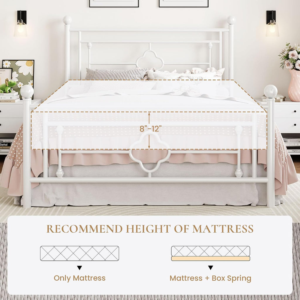 SHA CERLIN 14 Inches Queen Size Metal Platform Bed Frame/Vintage Iron-Art Headboard and Footboard/Mattress Foundation for Storage/No Box Spring Needed/Noise-Free/Easy Assembly/White