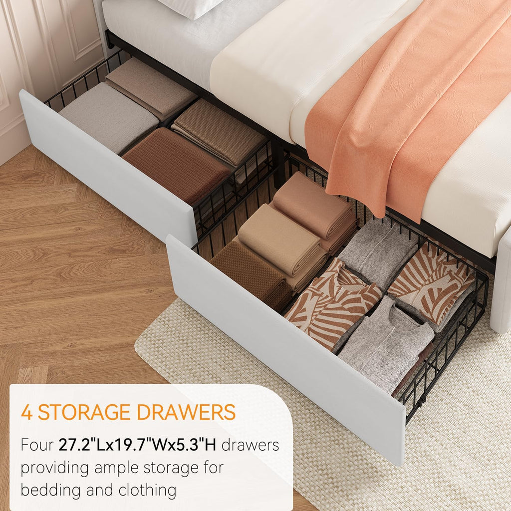 IDEALHOUSE Queen Size Bed Frame with 4 Storage Drawers and Headboard, Faux Leather Upholstered Platform Bed Frame with Wooden Slats Support, Button Tufted Design, No Box Spring Needed, White