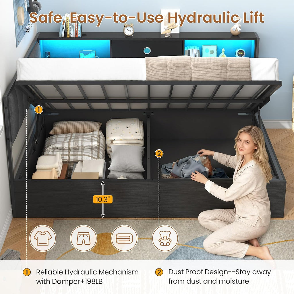 Hasuit Corner Full Lift Up Storage Bed Frame with Charging Station & LED Lights, Full Day Bed with Upholstered Headboard and Bookcase, Corner Beds with Hydraulic for Kids Teens Guests, Black