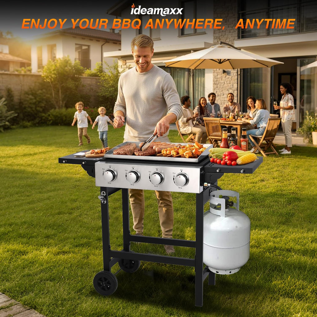 4 Burner Propane Flat Top Grill, 22 Inch Stainless Steel Griddle with Detachable Tabletop & Cart, Portable BBQ Cooker with Side Shelf & 2 Wheels, Dust Cover & Hose for Camping Tailgating