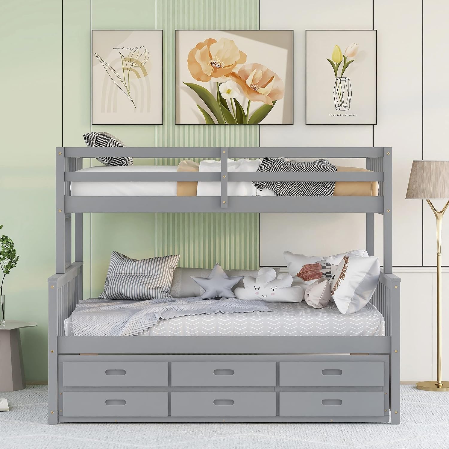 Harper & Bright Designs Twin Over Full Bunk Bed with Twin Size Trundle and 3 Storage Drawers, Solid Wood Bunk Bed Frame with Ladder, Grey