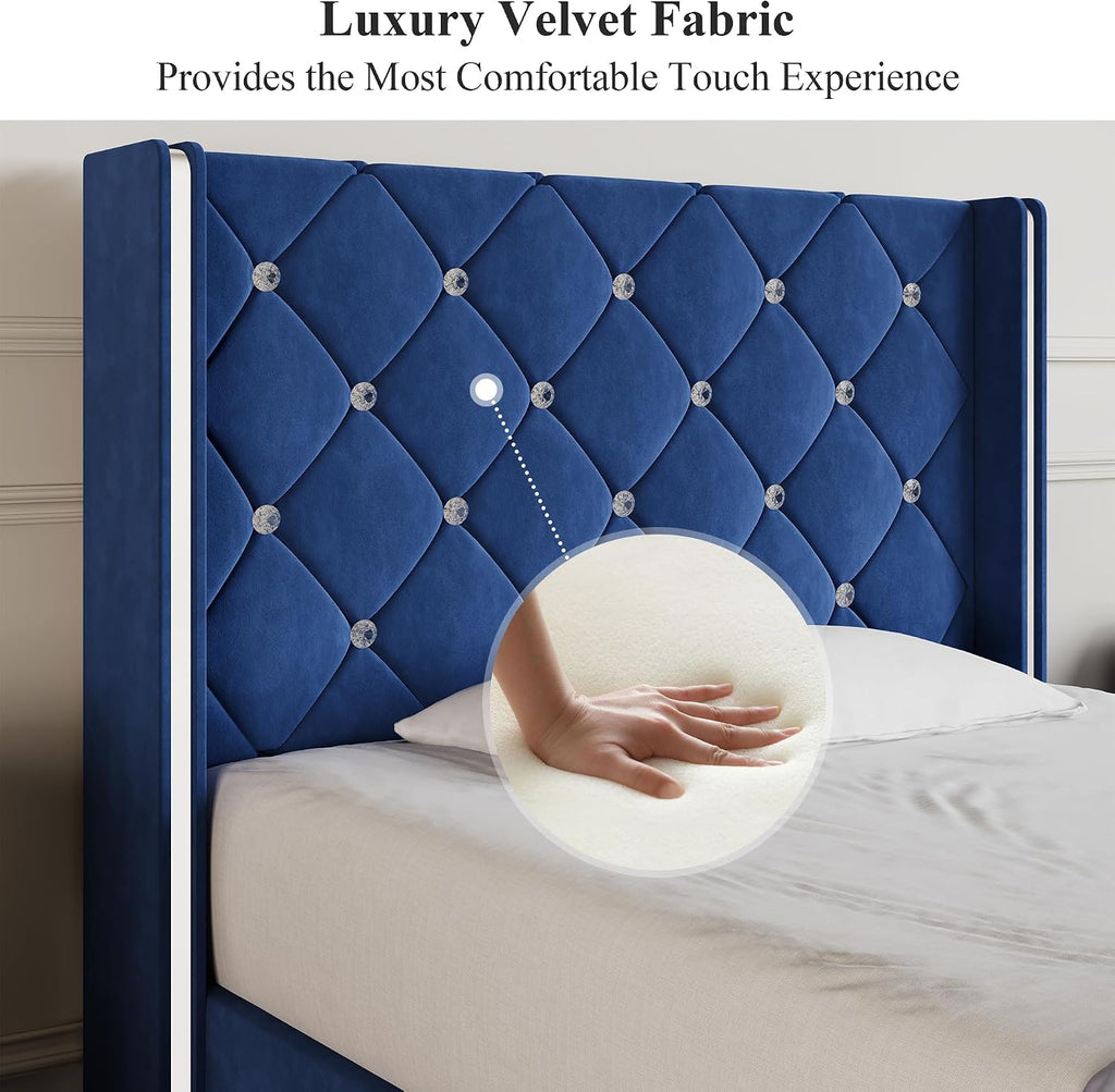 Lullabyre Full Size Bed Frame, Upholstered Bed Frame with Diamond Tufted Headboard, Modern Silverside Wingback, No Box Spring Needed, Easy Assembly, Blue