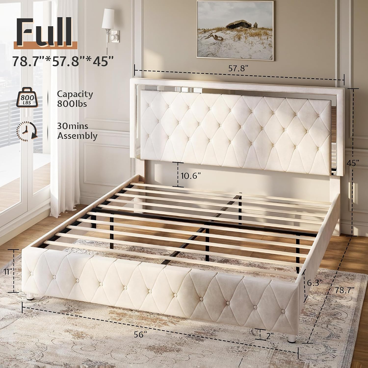 Jocisland Full Bed Frame with LED Lights Headboard&Footboard, Velvet Upholstered Full Size Platform Bed Frame No Box Spring Needed/Cream