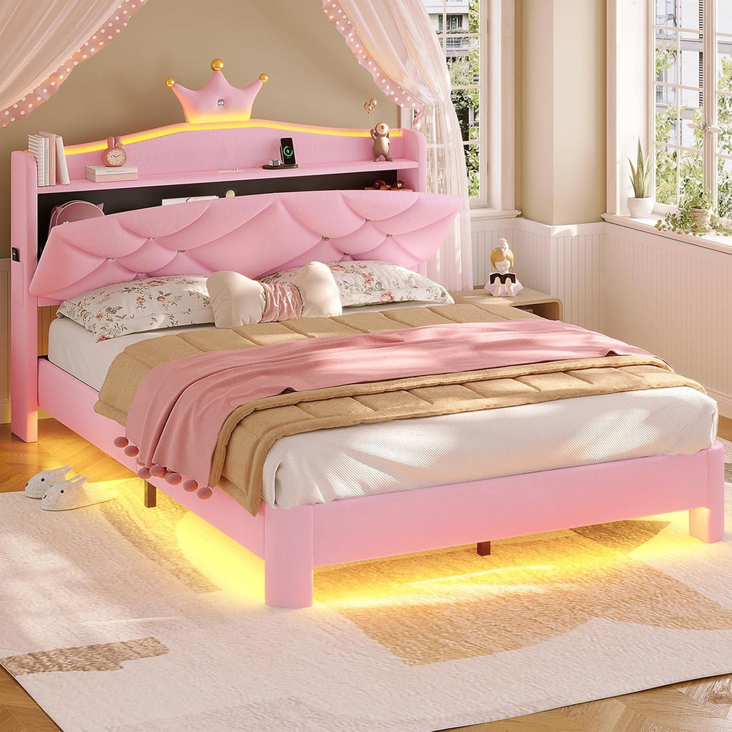 MSmask Full Bed Frame with LED Lights, Princess Upholstered Bed with Headboard with Charging Station & Crystal Button & Crown, Velvet Platform Bed for Girls, Solid Wood Slats, Curved Legs, Pink